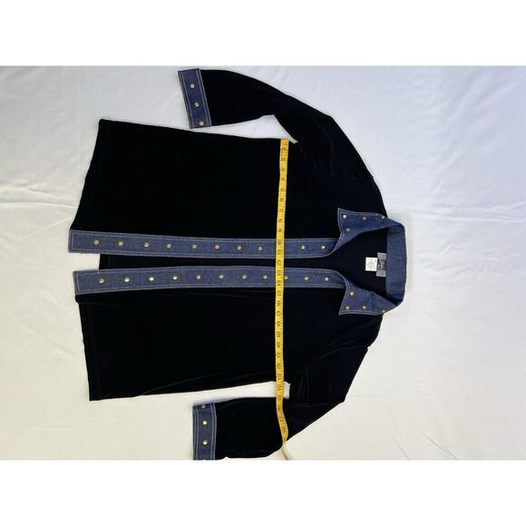 VTG SLINKY BRAND Open Cardigan Top Womens XL Made in USA Long Sleeve Black/Denim - Picture 9 of 11